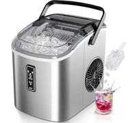 Pequeña máquina de hacer hielo, color plateado, produce 9 cubitos en 6 minutos, 12 kg/24 h, 2 tamaños de hielo y función de autolimpieza, ideal para el hogar o el bar. Plata