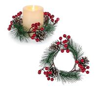 Pequeña Navidad Vela Corona Anillo: Blosmon 2 Pcs Mini Rojo Berry Pino Cono Artificial Velas Titular Coronas de Mesa Centros de Mesa Pilar Votiva Velas sin Llama Navidad Fiesta Inicio Puerta Pared