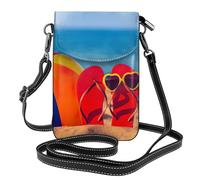 Pequeñas chanclas cruzadas en una playa de arena con estampado de teléfono celular para mujer, mini cartera con ranuras para tarjetas, bolsa de hombro con correa ajustable