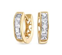 Pequeño Cuadrado De Corte Princesa CZ Canal Set K-Pop Huggie Pendientes De Aro Para Las Mujeres Los Hombres Claro Circonio Cúbico Amarillo 14K Chapado En Oro .925 Plata Esterlina