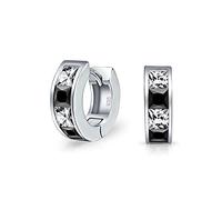 Pequeño Cuadrado De Corte Princesa Negro Blanco CZ Canal Set Huggie Pendientes De Aro Para Las Mujeres Los Hombres De Circonio Cúbico .925 Plata De Ley