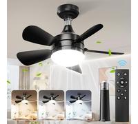 Pequeño Ventilador de Techo con Luz y Mando a Distancia Ventilador Silencioso E27 con Palanca de Extensión 3000K-6000K, 3 Velocidades, Brillo Ajustable, Timer, Ø46cm, Negro (Sin Portalámparas)
