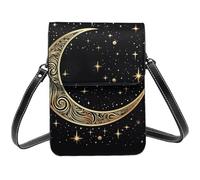 Pequeños bolsos cruzados para mujer, de cuero, para teléfono celular, cartera de viaje, patrón de luna creciente sobre fondo negro, bolsa para teléfono celular, correa ajustable