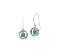 Pera Clásico Esmeralda Y Marcasita Redondo Halo Pendientes En 925 Plata de Ley