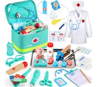 Perbabe Maletín Médico de Madera con Estetoscopio Real, Bata y Gorro - Kit Doctor 32 Piezas - Juguete Educativo de rol para Niños 3 4 5 6 7 8 9 10 Años Regalo para Cumpleaños/Navidad