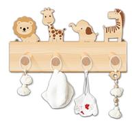 Percha infantil de madera, perchero infantil con 4 ganchos, listón de perchero de madera de 40 x 25 cm, perchero de pared con motivos de animales, ganchos infantiles para decoración de habitación infa