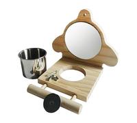 Percha para jaula de pájaros - Rama de pie de periquito, perchas para pájaros de madera | Soporte para loros de madera, barra de escalada para cacatúas con espejo y tazas para comer, a