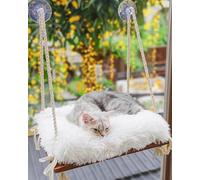 Percha para ventana de gato, hamaca para gatos, asiento de madera maciza y ventosas fuertes, cama y muebles peludos para gatos en el interior, estante colgante esponjoso para gatos pequeños y medianos