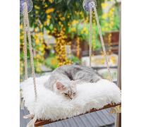 Percha para Ventana de Gato, Hamaca para Gatos en el Interior, Asiento de Madera Maciza, 4 ventosas Fuertes, cojín de Piel sintética, Estante rústico para Mascotas
