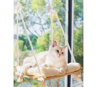 Percha para ventana de gato, hamaca para gatos en el interior, asiento de madera maciza, 4 ventosas fuertes, cojín suave, estante rústico para mascotas