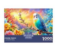Perchando en Flores Vibrantes, el Budgie Azul Puzzle De 1000 Piezas el Loro Ideal para Hombres, Mujeres, Ancianos Y Mayores 38x26cm/1000pcs