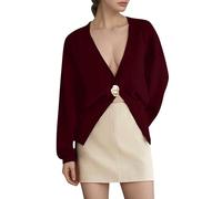 Perchas Colgantes Chaquetas con cuello en V profundo para mujeres, cárdigans simples con botones dorados de moda, suéteres de punto para otoño e invierno Alamari Pasamanería, rojo, M