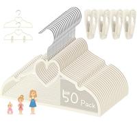 Perchas de terciopelo beige con forma de corazón para bebé, paquete de 50 perchas para niños pequeños de 13 pulgadas con 20 clips, ultra delgadas y apilables para ahorrar espacio