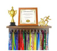 Perchas para medallas con Estante de Trofeo de 40,6 cm para exhibición de Cinta y Soporte de trofeos. Marco de Madera 1 con 25 Ganchos.