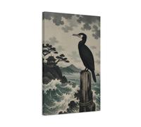 Perched Cormorant By Sea Canvas Print - Living Room, Above Console Table, Muted Teal & Charcoal 16×24 inch (40×60 cm) - Vertical / 1.25 inch (3 cm)