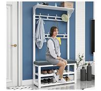 Perchero 3 en 1 con Banco para Zapatos, Independiente, con 8 Ganchos, Estante de Almacenamiento para recibidor, Marco de Metal, Perchero para Pasillo o Dormitorio, Blanco, 80 x 30 Pulgadas (172 cm).