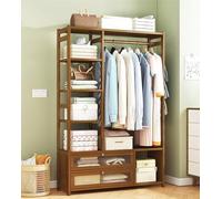 Perchero Burro de Bambú, Armario Abierto Madera Perchero de Pie,con 2 Cajones,Estante de Pantalones Lateral,Almacenamiento Superior,para Dormitorio Salón,60/100x28x150cm