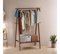 Perchero Burro de Pie con Estante y 6 Ganchos, Colgador Ropa Plegable de Bambú, Armario Abierto para Colgar Ropa Barra de Colgar para Hogar Dormitorio, 60/80/100/120x46x150CM