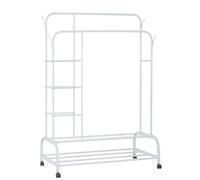 T-LoVendo Perchero burro y zapatero estantería doble con ruedas resistente. Gran capacidad de carga. Ganchos laterales. 3 baldas. Blanco