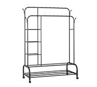 Perchero burro doble con estructura de metal resistente, estantes laterales, zapatero inferior y ruedas giratorias | Organizador móvil ideal para ropa, zapatos y accesorios en dormitorio o vestidor