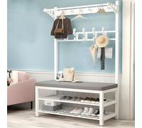Perchero con banco de almacenamiento de zapatos, muebles de entrada con barra colgante de cojín suave y estante de almacenamiento para pasillo, sala de estar, dormitorio, gris (80 x 33 x 172 cm)