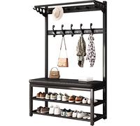 Perchero con banco de almacenamiento de zapatos, soporte de metal con 7 ganchos para pasillo, entrada y sala de estar, altura ajustable (60/80/100 cm), elegante y funcional