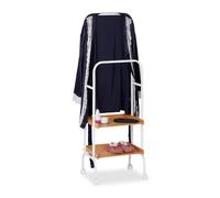 Perchero con ruedas, 2 barras para ropa, 2 estantes, 129 x 42 x 32 cm, acero y bambú, blanco , 4 ruedas, para baño, recibidor y dormitorio, de noche, , burro, Relaxdays