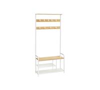 VASAGLE Perchero con Zapatero, Mueble Recibidor con 9 Ganchos Extraíbles, Banco, Estante, 30 x 85 x 180,5 cm, Pasillo Dormitorio Apartamento, Moderno, Roble y Blanco HSR409W09