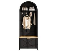 Perchero con zapatero de 75 x 35 x 195 cm negro + madera - Perchero de pasillo con ganchos, estante y patas de hierro resistente, árbol de madera MDF para entrada, perchero compacto para pasillos