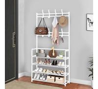 Perchero de 4 niveles con zapatero independiente con 8 ganchos, color blanco, para entrada, dormitorio, pasillo, oficina, 155 x 80 x 26 cm