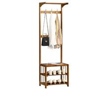 Perchero de bambú con almacenamiento de zapatos y ganchos extraíbles, árbol de pasillo independiente que ahorra espacio para entrada, sala de estar y pasillo, diseño elegante y funcional