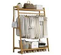 Perchero de bambú independiente con estante superior, elegante perchero y organizador de ropa para dormitorio, pasillo, entrada, percha abierta con estantes de almacenamiento
