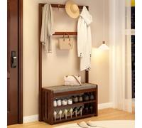 Perchero de entrada 3 en 1 con asiento acolchado, árbol de pasillo de madera con ganchos dobles de metal, elegante mueble de entrada marrón de 80 cm para nización en el hogar