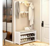 Perchero de entrada 3 en 1 con asiento acolchado, ganchos de metal de doble fila, soporte de madera, elegante diseño blanco, perfecto para nización en casa (80 cm)