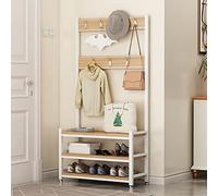 Perchero de entrada 3 en 1 con banco, 10 ganchos y almacenamiento de zapatos de 2 niveles, elegante organizador de pasillo negro, solución para vestíbulo y dormitorio que ahorra espacio