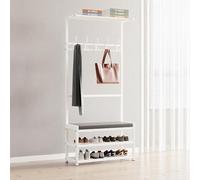 Perchero de entrada 3 en 1 con banco de almacenamiento, marco de metal estable, árbol de pasillo blanco, 60 x 25,5 x 160 cm, mueble de entrada funcional y elegante para nización en el hogar