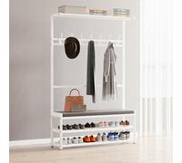 Perchero de entrada 3 en 1 con banco de almacenamiento, marco de metal estable, color blanco, 90 x 25,5 x 160 cm, elegante nizador de árbol de pasillo para abrigos, zapatos y accesorios