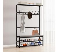 Perchero de entrada 3 en 1 con banco de almacenamiento, marco de metal estable, negro, 90 x 25,5 x 160 cm, elegante árbol de pasillo para nización del hogar y ahorro de espacio
