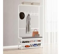 Perchero de entrada 3 en 1 con banco, marco de metal blanco, taburete de almacenamiento estable, 75 x 25,5 x 160 cm, diseño moderno para nización del hogar y ahorro de espacio