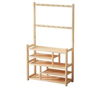 Perchero de entrada de 5 niveles y almacenamiento de zapatos independiente de madera con 14 ganchos, muebles multifuncionales de pasillo para zapatos y abrigos