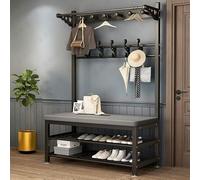 Perchero de Entrada Industrial Moderno 4 en 1 con 5 Ganchos y Zapatero de 2 Niveles, Perchero de Metal con Banco para Zapatos, árbol de Pasillo con cojín de Cuero para Pasillo