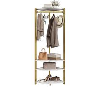 Perchero de esquina ahorra espacio - Árbol de recibidor con banco zapatero, 6 ganchos dobles, 4 estantes, diseño semicircular - Organizador de entrada, pasillo o dormitorio - Color Oro+Mármol Blanco
