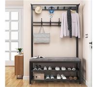Perchero de estilo industrial con almacenamiento de zapatos, árbol de entrada independiente con ganchos de banco y estante solución de almacenamiento de entrada para pasillo