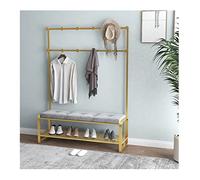 Perchero de hierro forjado negro para entrada, pasillo, perchero con banco para zapatos y ganchos, 2 estantes de almacenamiento para tienda de ropa, dormitorio de casa (color: dorado A, tamaño: 120 x