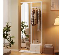 Perchero de madera maciza con espejo de longitud completa, 3 en 1, moderno espejo de pie con estante de almacenamiento, colgador de ropa y soporte para sombreros para dormitorio y entrada