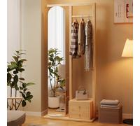 Perchero de madera maciza con espejo de longitud completa, 3 en 1, moderno espejo de pie con estante de almacenamiento, colgador de ropa y soporte para sombreros para dormitorio y entrada