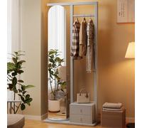 Perchero de madera maciza con espejo de longitud completa, 3 en 1, moderno espejo de pie con estante de almacenamiento, colgador de ropa y soporte para sombreros para dormitorio y entrada