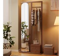 Perchero de madera maciza con espejo de longitud completa, 3 en 1, moderno espejo de pie con estante de almacenamiento, colgador de ropa y soporte para sombreros para dormitorio y entrada