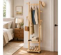 Perchero de madera maciza independiente con ruedas y 2 estantes de almacenamiento y 5 ganchos, perchero de madera resistente, perchero de madera, perchero de árbol, perchero para esquina, dormitorio