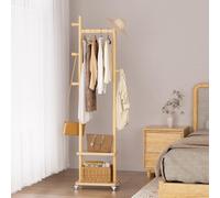 Perchero de madera maciza independiente con ruedas y 2 estantes de almacenamiento y 5 ganchos, perchero de madera resistente, perchero de madera, perchero de árbol, perchero para esquina, dormitorio